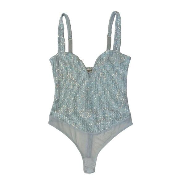 INTIMATELY FREE PEOPLE Sparks Fly Iridescent Light Baby Blue Sequin Bodysuit XS - Picture 3 of 10